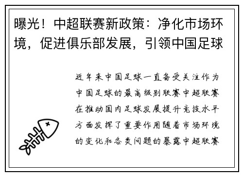 曝光！中超联赛新政策：净化市场环境，促进俱乐部发展，引领中国足球改革步伐