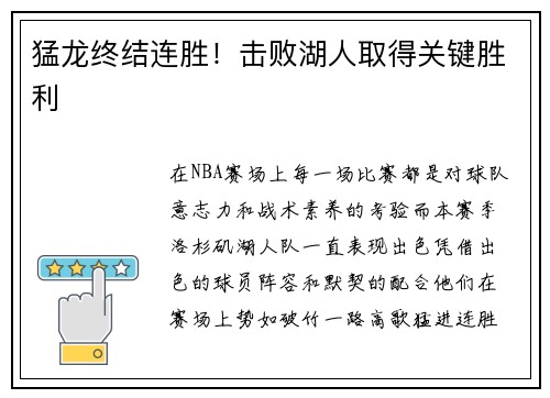 猛龙终结连胜！击败湖人取得关键胜利